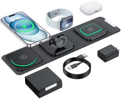 3-in-1 Foldable Magnetic Wireless Charger for i Phone – Ultimate Mag-Safe Travel Charging Pad for i Phone 16, 15, 14, 13, 12 Pro Max Plus, Apple Watch & Air Pods – Enhanced Speed & Compatibility for On-the-Go Charging