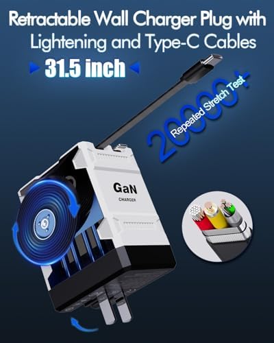 Revolutionize Your Charging Experience with the W & O 45 W Ga N Fast Charger – All-in-One Retractable Dual Cable Wall Plug for i Phone 16/15/14/13/12/11 & Galaxy S25/24 – Ultimate Lightning and Type-C Compatibility for Lightning-Fast Power Delivery – Sleek, Compact, and Durable Charging Solution Perfect for Home, Office, or Travel – Tidy Your Space with Innovative Design and Effortless Portability