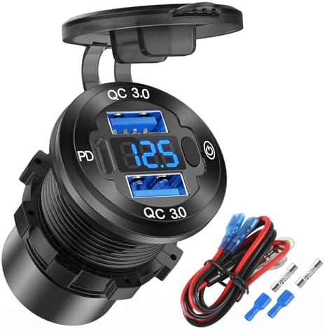 Versatile 12 V USB Car Charger with Dual Quick Charge 3.0 Ports and USB-C Power Delivery Socket for Boats, Trucks, and RVs – Reliable Voltmeter Switch for Optimal Charging Performance and Enhanced Device Compatibility