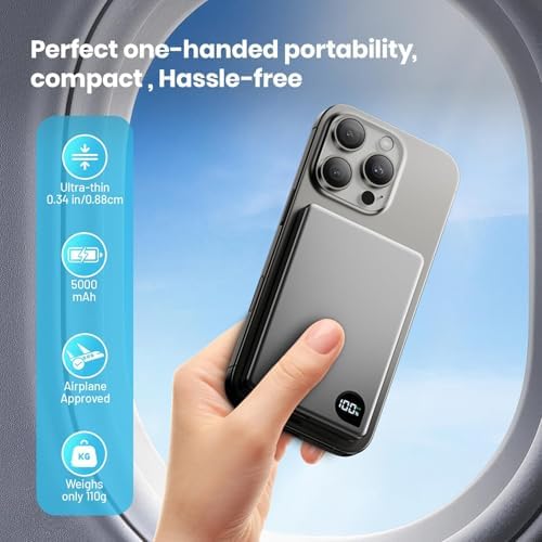 Ultra-Slim 5000 m Ah Magnetic Power Bank with Built-In USB-C Cable – 22.5 W Fast Charging Solution for i Phone 16/15/14/13, Samsung Galaxy, and Android Devices – Lightweight Design, Smart Thermal Regulation, and Universal Compatibility for Effortless On-the-Go Charging