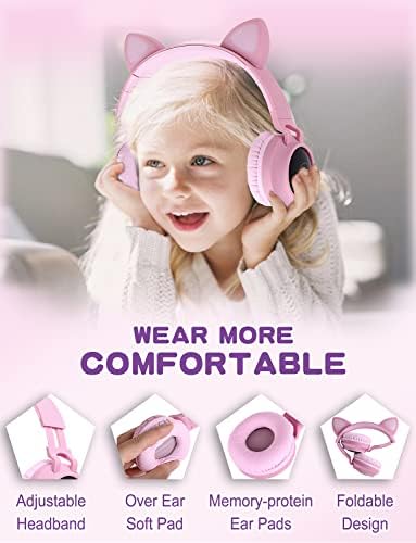 Vibrant Cat Ear Wireless Bluetooth Headphones for Kids and Teens – Fun LED Light-Up Design, Foldable Portability for Travel and Gaming – Superior Comfort for Long Listening Sessions on i Pads and Smartphones (Purple)