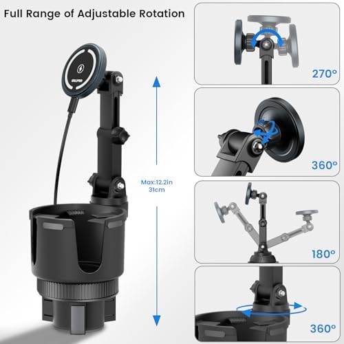 OHLPRO for MagSafe Car Charger Cup Holder Mount, 15W Fast Wireless Magnetic Charging Phone Holder for iPhone 16 15 14 13 12 Series, Adjustable Car Mount with Large Cup Base, One-Hand Operation, Black – Enhanced Compatibility and Speed