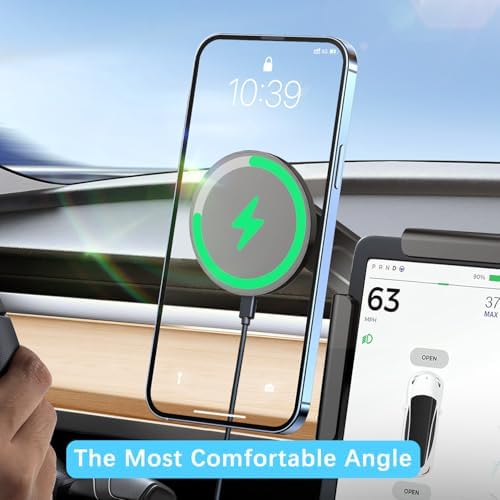 15 W Wireless Fast Charging Magnetic Phone Mount for Tesla Model Y & Model 3 – Ultimate Holder for i Phone 12-16 & Android Devices, Includes 5 ft USB-C Cable, Perfect for Safe Navigation and Hands-Free Use – Modern Tesla Accessory