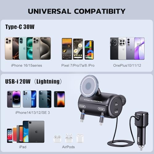 Ultimate 5-in-1 Backseat Car Charging Hub with 100 W Power Output and Mag Safe Mount – Fast Charging Solution for Rideshare Drivers and Passengers, Dual PD/QC Ports for All Smartphone Brands, Compact and Retractable Design for Taxis, Ubers, and Lyfts