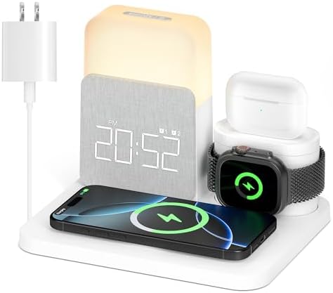 Multifunctional Wireless Charging Alarm Clock with Night Light – 6-in-1 Mag-Safe Station for i Phone 12-16 Pro Max, Apple Watch, and Air Pods – Streamline Your Nightstand with Enhanced Compatibility and Stylish Design
