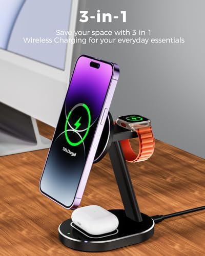 Ultimate 3-in-1 Magnetic Mag-Safe Wireless Charger for i Phone 15, 14, 13, 12 Pro Max, Mini, and Plus – 15 W Fast Charging Station with Aluminum Alloy Stand for Apple Watch & Air Pods – Streamlined Multi-Device Charging Solution with Enhanced Compatibility and Modern Design