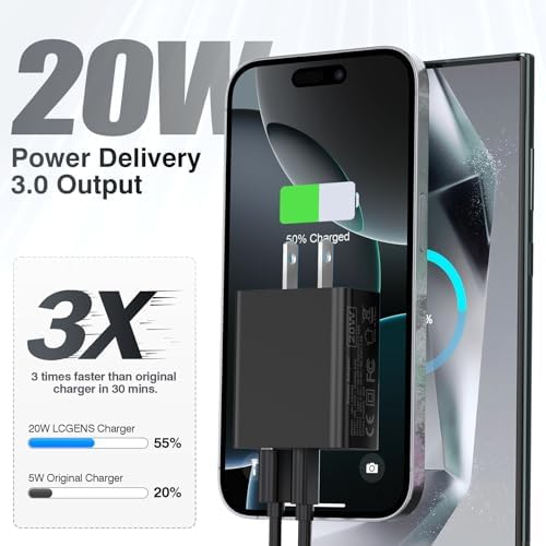 LCGENS 20 W Dual Port USB C Wall Charger Block – 2-Pack Fast Charging Power Adapter for i Phone 11/12/13/14/15/16 Pro Max, i Pad Pro, Samsung Galaxy – Portable and Efficient Charging Solution for Multiple Devices