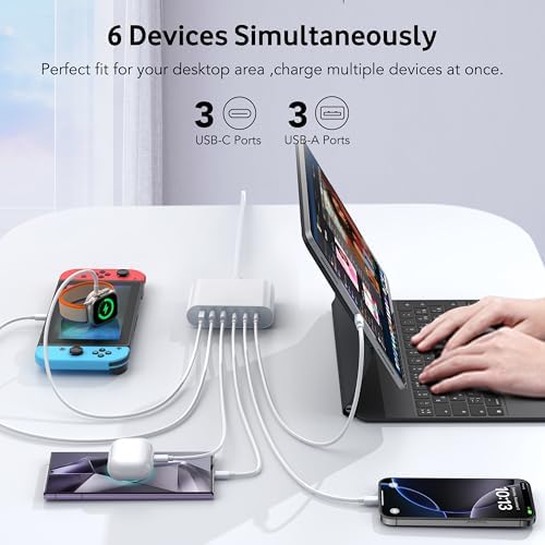 Ultra-Fast 100 W Ga N USB-C Charging Station with 6 Ports – Compact Wall Adapter for i Phone 16/15/14/13 Pro Max, i Pad, Samsung, Pixel, LG – High-Speed Multi-Device Charger with Smart Safety Features – Travel-Friendly Power Hub for Effortless Charging