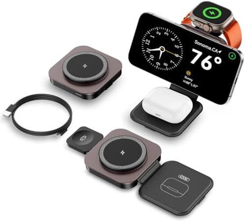 Revolutionary 3-in-1 Mag Safe Charging Station: Ultra-Fast 15 W Magnetic Wireless Charger for i Phone 16/15/14/13/12, Air Pods Pro/2/3/4, and All Apple Watch Series – Compact Foldable Travel Design for Effortless Device Powering and Enhanced Compatibility