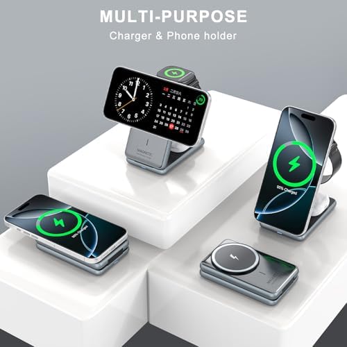Ultimate 3-in-1 Magnetic Wireless Charging Station: Fast Travel Charger for i Phone 16, 15, 14 – Apple Watch Ultra/SE/9/8 – Air Pods Pro 4/3 – Compact Foldable Design with 18 W Adapter for Efficient Multi-Device Charging (White) – Enhanced Durability & Quick Charge Technology