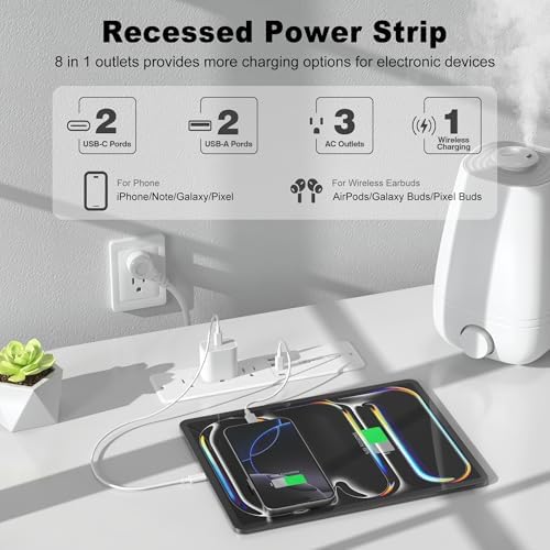 Revolutionary 8-in-1 Recessed Power Strip with 15 W Wireless Charger & 20 W Fast Charging – Ultimate Furniture Charging Station Featuring 3 AC Outlets & 4 USB Ports, Flush Mount Design, 10 FT Cord for Flexible Setup – Perfect for Home and Office Organization