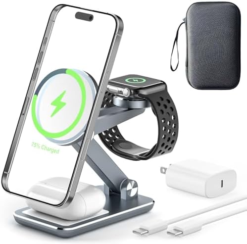 Premium 3-in-1 Foldable Wireless Charging Station for Apple Devices – Aluminum Magnetic Charger Stand for i Phone, Apple Watch & Air Pods | Portable Travel Dock with 20 W PD Adapter & 5 ft USB-C Cable for Enhanced Compatibility & Rapid Charging | Ideal Gift for Tech Enthusiasts