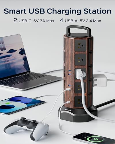JACKYLED 20-Outlet Power Strip Tower Surge Protector with 6 Fast USB Ports – 1050 Joules Safety Shield, 13 A Desktop Charging Station with 6.5 ft Heavy-Duty Cord, Elegant Black Walnut Design for Home, Office & Garage Use – Ultimate Device Power Solution