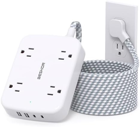 10 FT BESHON Surge Protector Power Strip with 4 Outlets & 4 USB Ports – Flat Extension Cord with 2 USB-C for Fast Charging – Space-Saving Flat Plug Design – 900 Joules Surge Protection for Home, Office & Dorm Room Essentials – Ultimate Power Management Solution