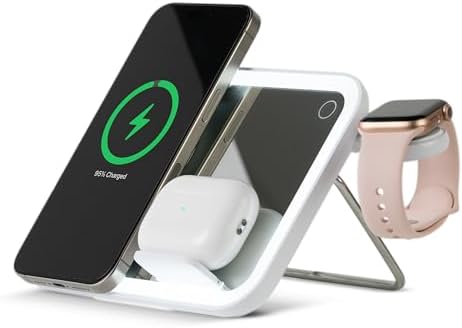 Revamp Your Content Creation with AT&T Rectangle Light Mirror Stand – Magnetic Phone Holder & Wireless Charging Station for Influencers – Sleek White Design for Flawless Selfies and Professional Makeup Lighting – Enhanced Compatibility and Efficiency