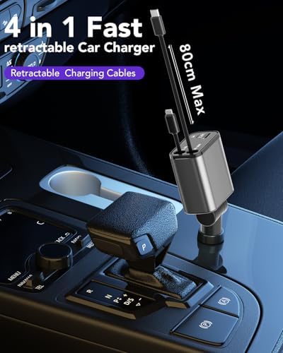 2025 Ultra-Compact 4-in-1 Retractable Car Charger – 69 W Fast Charging Adapter for i Phone 16, Galaxy and More – Innovative Space-Saving Design with Multiple Ports for Simultaneous Device Powering – Essential Car Accessory for Daily Commutes and Road Trips
