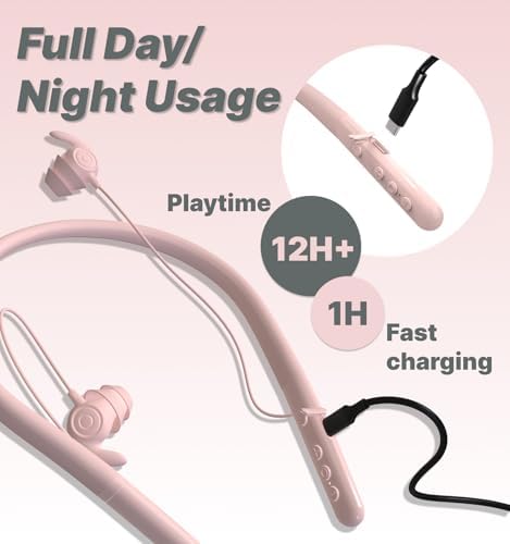 Experience Ultimate Comfort with Hmusic HS88 Wireless Bluetooth Neckband Headphones – Premium Noise-Cancelling Earbuds for Sleep, Yoga, and Travel – Soft Silicone Earplugs with -30 d B Sound Isolation, 12-Hour Playtime & Timer for Side Sleepers in Elegant Pink