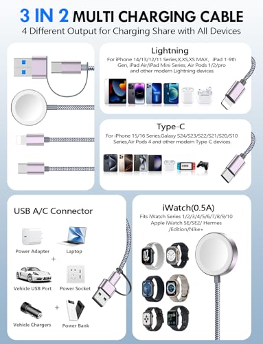 Ultimate 2-Pack Fast Charging Cable Set: Versatile USB A/Type C/Lightning Cables for Quick Charging of Apple Watch & i Phone, 4 FT Length for Seamless Travel Compatibility with i Phone 11-16, i Pad, Apple Watch Ultra & SE, Durable Multi-Device Solution for Enhanced Power Efficiency and Convenience