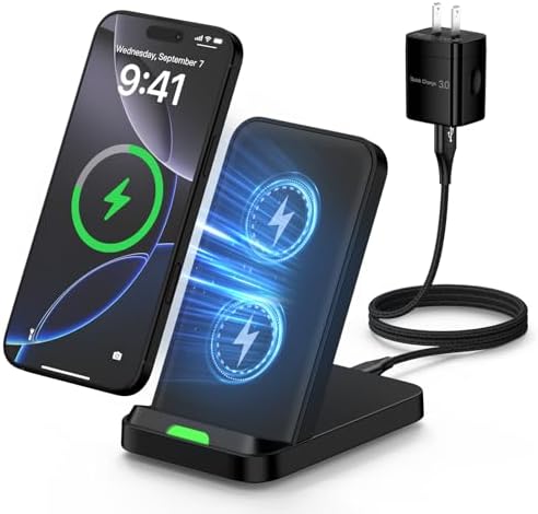 15 W Fast Wireless Charger Stand for Samsung Galaxy S25/S24/S23, i Phone 16/15, Google Pixel 9 Pro – Ultimate Desk Charging Station with Dual Viewing Angles, Quick Charge 3.0 Adapter, and Enhanced Safety Features for All Compatible Devices
