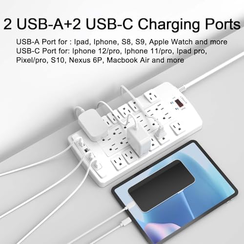 Ultimate QINLIANF Surge Protector Power Strip – 6 Ft Heavy-Duty Extension Cord with 24 Versatile Outlets and 4 High-Speed USB Ports (2 USB-C), 1875 W/15 A Capacity, 4100 J Surge Protection for Home, Office, and Dorm Use – ETL Certified for Maximum Safety and Reliability