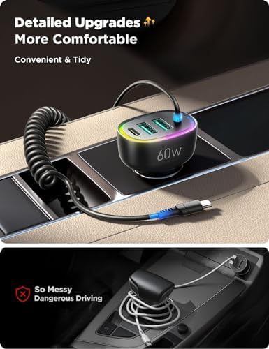 JOYROOM 60 W USB-C Car Charger with 5 ft Coiled Cable – Ultra-Fast Charging Adapter for i Phone 16 Pro Max, Samsung Galaxy S24/S23, Google Pixel & i Pad Pro – Compact Design with Smart Chip Technology for Safe Power Delivery on the Go