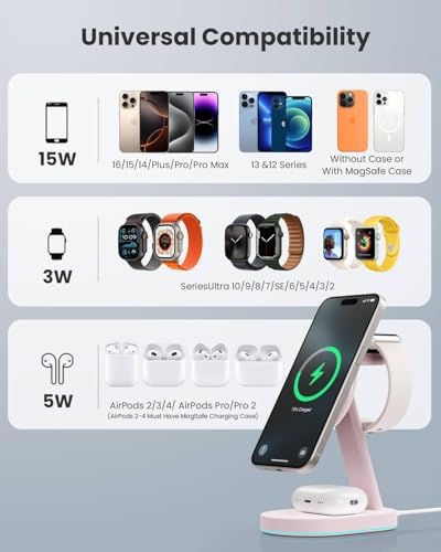 Ultimate 3-in-1 Wireless Charging Station for i Phone, Apple Watch, and Air Pods – Qi2 Certified 15 W Magnetic Charger with 30 W USB-C Adapter & Integrated Night Light – Streamlined Design for i Phone 16/15/14/13/12 – Superior Speed and Enhanced Compatibility for Modern Tech Users