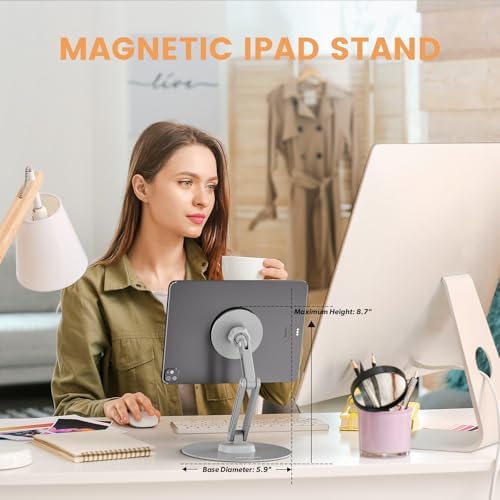 Versatile Magnetic i Pad Stand – Foldable Aluminum Alloy Tablet Holder with 360° Adjustable Rotation for Optimal Viewing and Enhanced Stability – Lightweight and Portable Accessory for Home and Office Use (Sleek Gray Finish)