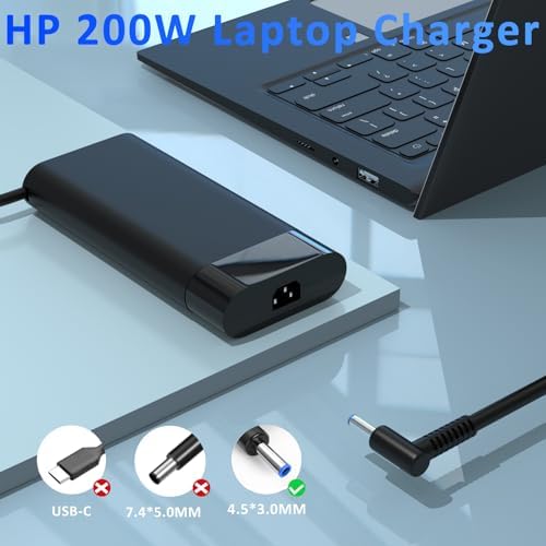 High-Speed 200 W HP Victus Laptop Charger – Ultimate Power Supply for HP Omen, Pavilion Gaming, ZBook, and Envy Series – Enhanced Compatibility for 15, 16, 17 Models – Robust Design with Short Circuit Protection – Ideal for Gamers and Professionals – Safety Certified Power Cord