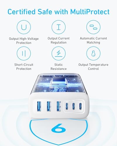 Anker 112 W Max 6-Port Fast Charging Station – Versatile Desktop USB-C Charger for i Phone, i Pad, Mac Book, Samsung & More – Multi-Device Power Hub with Built-in Safety Features for Home, Office & Travel – Custom Charging Experience (Cables Not Included)