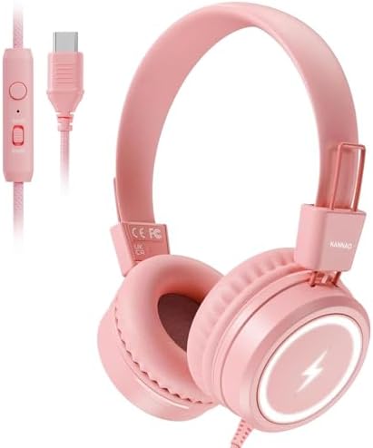 Kid-Friendly USB Type C Headphones with LED Lights – Safe Volume Limiter (85 d B/94 d B) for School Use, Foldable On-Ear Design for Comfort and Portability, Integrated Microphone for Learning and Gaming Fun – Perfect for i Pad and More
