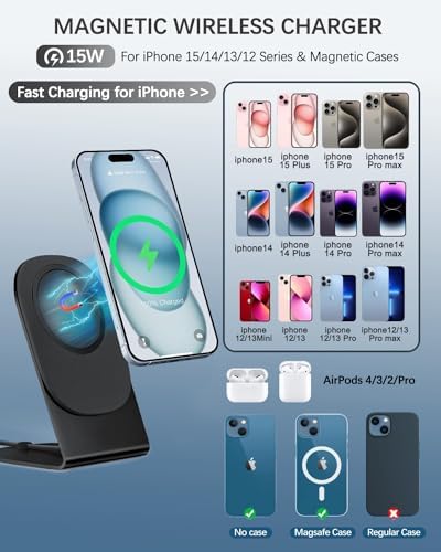 Magnetic Wireless Charger for i Phone 15/14/13/12 Series – Versatile Mag Safe Charging Stand with Dual Ports & 5 ft Cable for i Phone and Air Pods 2/3/Pro (Adapter Not Included) – Enhanced Speed & Seamless Compatibility for Effortless Power Solutions