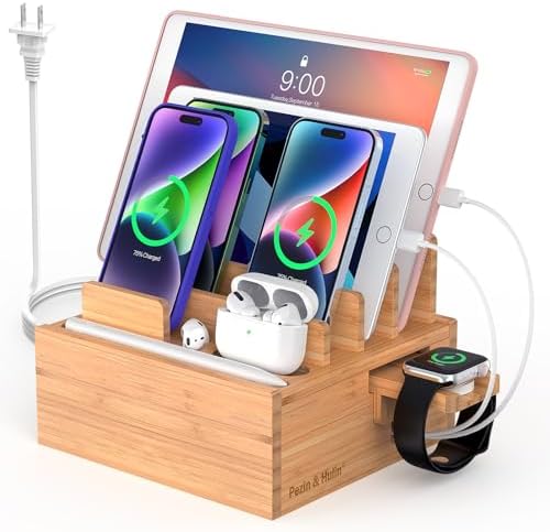 Sleek Bamboo Multi-Device Charging Station with 5 USB Ports, Integrated Smart Watch Stand & 5 Charging Cables – Ultimate Desktop Organizer for Cell Phones, Tablets & Smartwatches – Eco-Friendly Design for Fast Charging & Clutter-Free Spaces