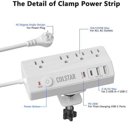 Revolutionize Your Workspace with the Desk Clamp Power Strip Featuring 4 AC Outlets and 4 USB Ports, Including PD 20 W Fast Charging – 10 FT Extension Cord for Ultimate Flexibility, Surge Protection, and Sleek Design for Office Efficiency in White