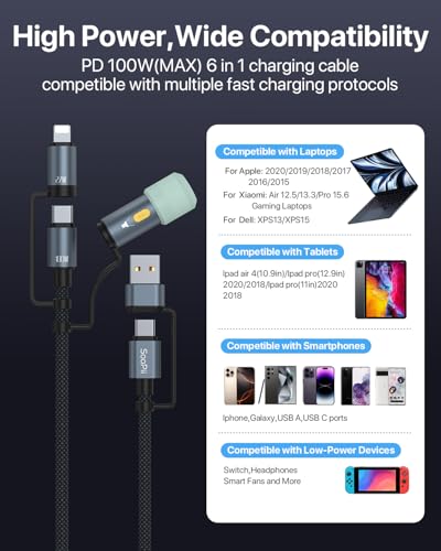 SOOPII 100 W 6.6 FT 4-in-1 Multi-USB C Charging Cable – Fast Charging Solution with USB-C, USB-A, and Lightning Connectors – Durable Nylon Braided Design for Phones, Tablets, and Laptops – Ultimate Versatility for Home and Travel