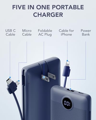 VRURC 10000 m Ah Portable Charger with Built-in Cables & AC Plug – Lightweight USB-C Power Bank for Effortless Device Charging on the Go – Stylish Green External Battery for Smartphones and Tablets – Ultimate Travel Companion for Uninterrupted Connectivity and Enhanced Compatibility