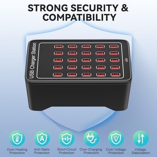 125 W 25-Port USB Charging Hub for Multiple Devices – Fast Charging Station for i Phone, i Pad, Tablets & Apple Watch – Universal Compatibility with Enhanced Safety Features – Ideal Family Charging Dock for Home & Office