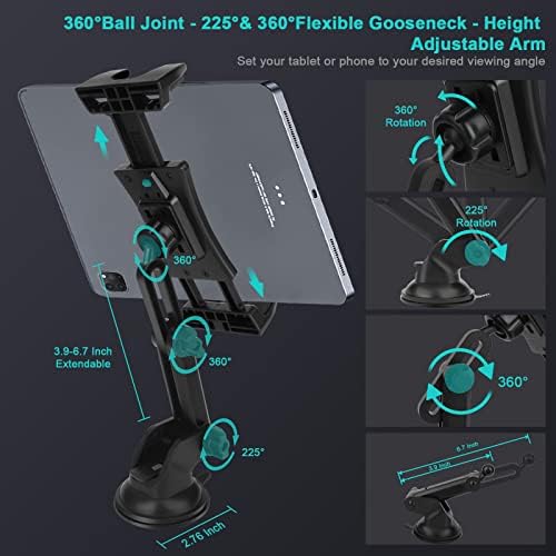 Universal 360° Adjustable Tablet Car Mount for Dashboard & Windshield – Secure Suction Cup Holder for i Pad Pro, Samsung Galaxy & More – Hands-Free Access & Enhanced Stability with TPU Sticky Pad for Safe Driving Experience