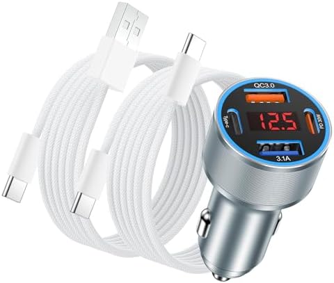 Power Up On the Go: 65 W USB C Car Charger with 4 Ports, Fast Charging PD 30 W Adapter for i Phone 16/15/14/13 & Samsung Galaxy S25/S24/S23/S22, Includes 2 USB-C Cables – Real-Time Volt Meter for Optimal Performance and Compatibility with Tablets & More