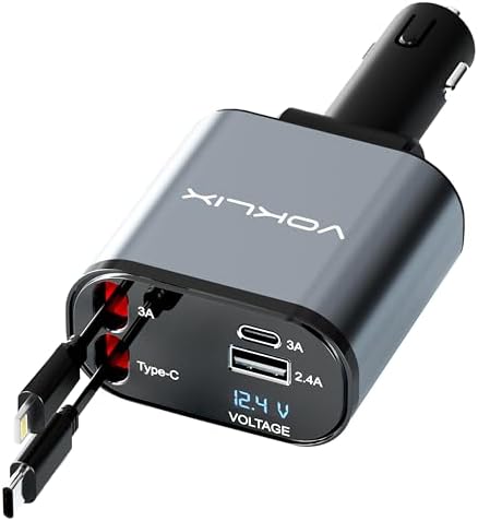 Ultimate 4-in-1 Retractable Car Charger – 66 W High-Speed USB Adapter with 2.6 ft Cables for i Phone 15/14 Pro – Fast Charging, Tangle-Free Design, Dual USB Ports for Multiple Device Compatibility – Ideal Travel Companion for On-the-Go Charging