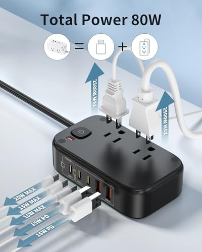 Effortless Power: 65 W USB Charging Station with Surge Protection – 5 FT Flat Extension Cord for Travel, Home, Office & School – Multi-Device Charging Hub for Fast, Safe Energy Delivery – Lightweight & Compact Design for Ultimate Portability