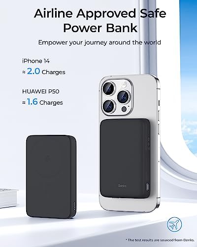 BENKS 10,000 m Ah Magnetic Power Bank – Ultra-Fast Wireless Charger for i Phone 15/14/13/12 Series, Mag Safe-Compatible, Sleek Pink Design with Dual 20 W USB-C Ports for Rapid Charging and Enhanced Portability