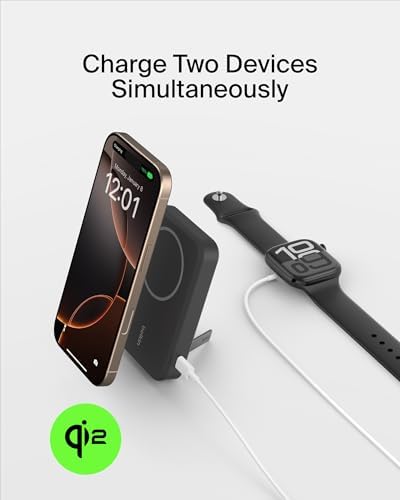 Belkin 5000 m Ah Wireless Power Bank with Qi2 Technology – Mag Safe-Compatible Portable Charger Featuring Built-in Kickstand for i Phone 16, 15, 14, 13, Plus, Pro, Pro Max – Sleek White Design for Seamless Charging on the Go – Optimal Speed & Versatile Compatibility