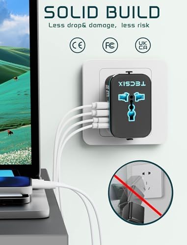 Global Travel Power Adapter with Dual USB-C & USB-A Ports – Compact 240 V AC Charger for International Use in EU, US, UK, AUS – Fast Charging Solution for Modern Travelers – Sleek, Lightweight Design (Black/Blue)