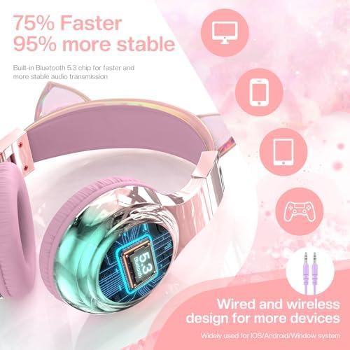 Elevate Your Child’s Listening Experience with Qear Fun Purple Cat Ear Bluetooth Headphones – 60 Hours of Playtime, Safe Volume Control (74/85/94 d B), Ultra-Portable Foldable Design, Advanced Bluetooth 5.3 Connectivity, and Built-in Mic for Girls – Perfect for School, Travel, and On-the-Go Fun