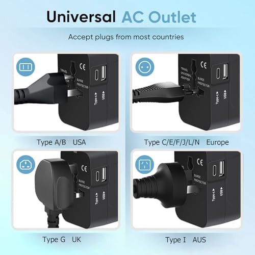 Global Travel Power Adapter with Dual USB-C & USB-A Ports – Compact & Efficient Universal Charger for USA, EU, UK & AUS – Reliable Fast Charging Solution for Tech-Savvy Travelers in Sleek Black Finish