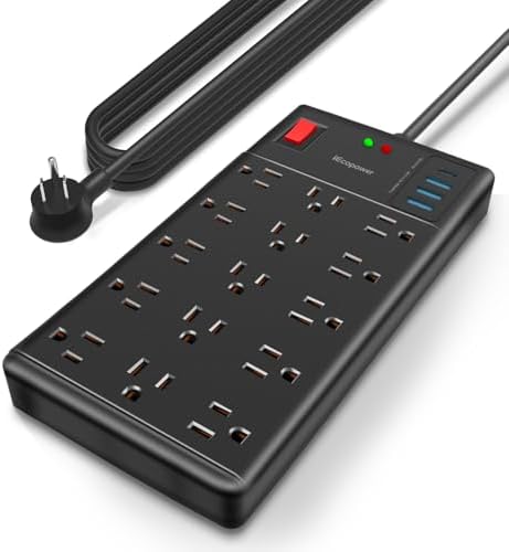 Heavy-Duty Surge Protector Power Strip with 15 Spacious Outlets and 4 USB Ports (1 USB-C) – 5 ft 14 AWG Extension Cord, 2800 Joules Protection for Safe Charging and Device Organization in Home or Office