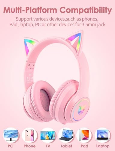 Whimsical Cat Ear Bluetooth Headphones for Kids & Adults – Immersive Hi-Fi Sound, 55-Hour Playtime, LED Light-Up Design, Built-In Microphone, and Universal Compatibility with i Phone, i Pad, Laptop & PC for Ultimate Fun and Comfort