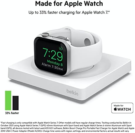 Belkin Fast Wireless Charging Pad for Apple Watch – Sleek Travel Charger with Nightstand Mode – Mag Safe Compatible Charging Station with USB-C Cable – Efficient Power Solution for All Apple Watch Models – Ideal for Home and Office Use – Compact Design for On-the-Go Charging