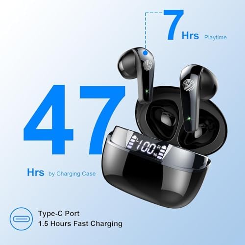 Elevate Your Audio Journey with Premium Bluetooth 5.3 Hi-Fi Stereo Earbuds – 47 Hours of Playtime, Cutting-Edge ENC Noise Cancellation, IPX7 Waterproof for Active Lifestyles, Effortless Pairing in Sleek Black Finish