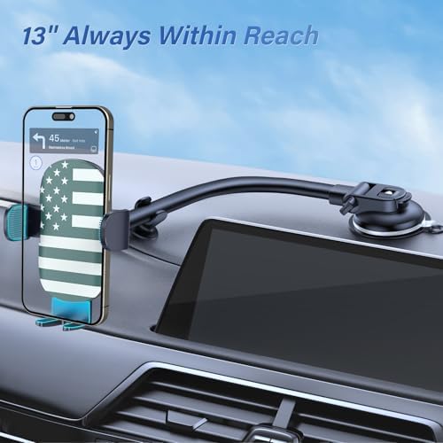 OQTIQ 13-Inch Gooseneck Car Phone Mount – Versatile Windshield & Dashboard Holder with Robust Suction Cup, Anti-Shake Stabilization, Effortless One-Button Release – Universal Compatibility for i Phone 16/15/14 and All Smartphones – Streamline Navigation and Communication While Driving